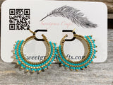 1 1/8” gold & turquoise green beaded hoop earrings, beaded hoop earrings, Native beaded earrings, blue hoops