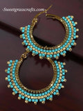 1 1/8” gold & turquoise green beaded hoop earrings, beaded hoop earrings, Native beaded earrings, blue hoops
