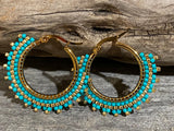 1 1/8” gold & turquoise green beaded hoop earrings, beaded hoop earrings, Native beaded earrings, blue hoops
