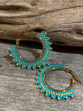 1 1/8” gold & turquoise green beaded hoop earrings, beaded hoop earrings, Native beaded earrings, blue hoops