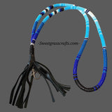 Beaded blue & white safety breakaway lanyard with fringe