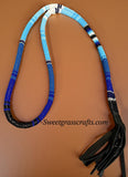 Beaded blue & white safety breakaway lanyard with fringe