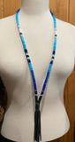 Beaded blue & white safety breakaway lanyard with fringe