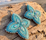 Native American beaded flower earrings, beaded blue & white beaded earrings