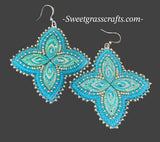 Native American beaded flower earrings, beaded blue & white beaded earrings