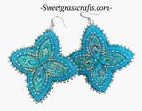 Native American beaded flower earrings, beaded blue & white beaded earrings