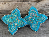 Native American beaded flower earrings, beaded blue & white beaded earrings