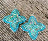 Native American beaded flower earrings, beaded blue & white beaded earrings