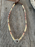 Beaded Cheyenne pink & brown hatband with concho center, beaded round Native American First Nations necklace