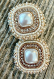 Cream gold square pearl beaded earrings