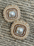 Cream gold square pearl beaded earrings