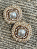 Cream gold square pearl beaded earrings