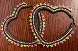 Beaded gold & neon heart hoop earrings, 5cm heart hoop earrings