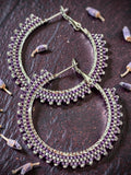 2" inch lavender purple matte beaded hoop earrings, beaded purple & silver hoop earrings