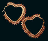Beaded gold & light red heart hoop earrings, valentines earrings, 5cm heart hoop earrings