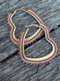 Beaded gold & light red heart hoop earrings, valentines earrings, 5cm heart hoop earrings