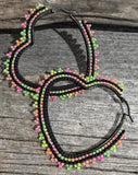 Beaded gold & neon heart hoop earrings, 5cm heart hoop earrings