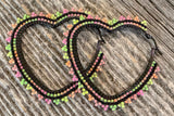 Beaded gold & neon heart hoop earrings, 5cm heart hoop earrings