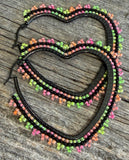 Beaded gold & neon heart hoop earrings, 5cm heart hoop earrings