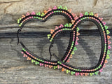 Beaded gold & neon heart hoop earrings, 5cm heart hoop earrings