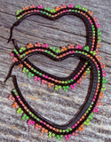 Beaded gold & neon heart hoop earrings, 5cm heart hoop earrings