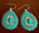 Turquoise & silver teardrop beaded earrings, Native earrings, teardop earrings, Native Beadwork, Unique beaded earrings