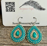 Turquoise & silver teardrop beaded earrings, Native earrings, teardop earrings, Native Beadwork, Unique beaded earrings