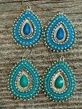 Turquoise & silver teardrop beaded earrings, Native earrings, teardop earrings, Native Beadwork, Unique beaded earrings