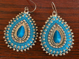 Turquoise & silver teardrop beaded earrings, Native earrings, teardop earrings, Native Beadwork, Unique beaded earrings