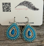 Turquoise & silver teardrop beaded earrings, Native earrings, teardop earrings, Native Beadwork, Unique beaded earrings