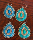 Turquoise & silver teardrop beaded earrings, Native earrings, teardop earrings, Native Beadwork, Unique beaded earrings