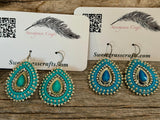 Turquoise & silver teardrop beaded earrings, Native earrings, teardop earrings, Native Beadwork, Unique beaded earrings