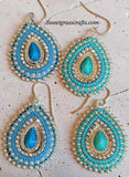 Turquoise & silver teardrop beaded earrings, Native earrings, teardop earrings, Native Beadwork, Unique beaded earrings
