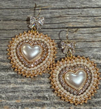 Cream gold heart pearl & bows beaded earrings