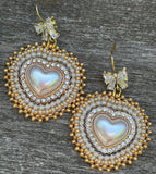 Cream gold heart pearl & bows beaded earrings