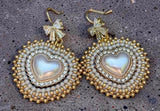 Cream gold heart pearl & bows beaded earrings