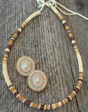 Cream, red & gold beaded round hatband, Indigenous beaded round necklace