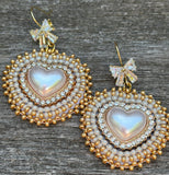 Cream gold heart pearl & bows beaded earrings