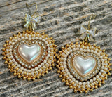 Cream gold heart pearl & bows beaded earrings