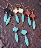 Turquoise cross earrings, beaded turquoise bar earrings, Navajo cross dagger earrings Southwestern Turquoise Cross Dangle Earrings
