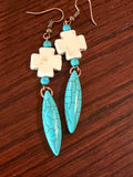 Turquoise cross earrings, beaded turquoise bar earrings, Navajo cross dagger earrings Southwestern Turquoise Cross Dangle Earrings