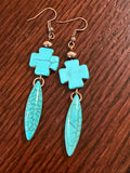 Turquoise cross earrings, beaded turquoise bar earrings, Navajo cross dagger earrings Southwestern Turquoise Cross Dangle Earrings