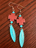 Turquoise cross earrings, beaded turquoise bar earrings, Navajo cross dagger earrings Southwestern Turquoise Cross Dangle Earrings