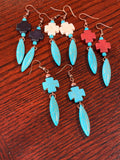 Turquoise cross earrings, beaded turquoise bar earrings, Navajo cross dagger earrings Southwestern Turquoise Cross Dangle Earrings