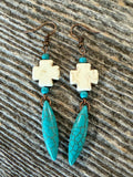 Turquoise cross earrings, beaded turquoise bar earrings, Navajo cross dagger earrings Southwestern Turquoise Cross Dangle Earrings