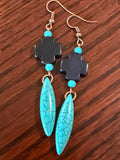 Turquoise cross earrings, beaded turquoise bar earrings, Navajo cross dagger earrings Southwestern Turquoise Cross Dangle Earrings