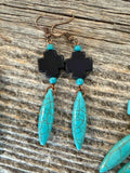 Turquoise cross earrings, beaded turquoise bar earrings, Navajo cross dagger earrings Southwestern Turquoise Cross Dangle Earrings