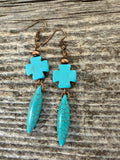 Turquoise cross earrings, beaded turquoise bar earrings, Navajo cross dagger earrings Southwestern Turquoise Cross Dangle Earrings