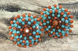 Goldstone with turquoise & brown Toho beaded small stud earrings