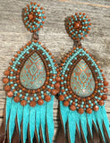 Goldstone sunset leather fringe earrings